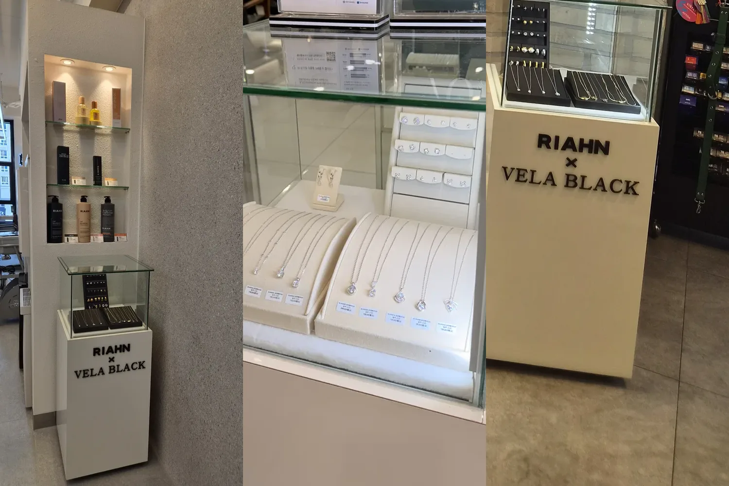 제품 진열대 옆과 매장 안에 놓인 VELA BLACK 주얼리 진열장